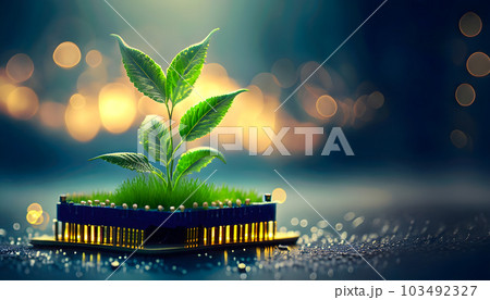 Tree growing on CPU chip with circuit mainboard. Eco technology, Green IT, Nature Technology, and Ecology Concept. Generative Ai. 103492327