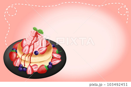 イラスト素材 イチゴたっぷりパンケーキ・黒皿 ピンクのフレーム背景 色違い・差分あり イラスト素材 イチゴたっぷりパンケーキ・黒皿 ピンクのフレーム背景 色違い・差分あり 103492451
