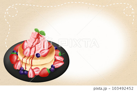 イラスト素材 イチゴたっぷりパンケーキ・黒皿 ベージュのフレーム背景 色違い・差分あり 103492452
