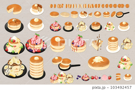 イラスト素材・パンケーキ色々セット シール・ワンポイント用 サンドベージュ背景 色違い・差分有 イラスト素材・パンケーキ色々セット シール・ワンポイント用 サンドベージュ背景 色違い・差分有 103492457