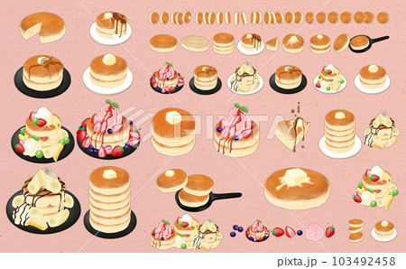 イラスト素材・パンケーキ色々セット シール・ワンポイント用 レトロピンク背景 色違い・差分有 イラスト素材・パンケーキ色々セット シール・ワンポイント用 レトロピンク背景 色違い・差分有 103492458