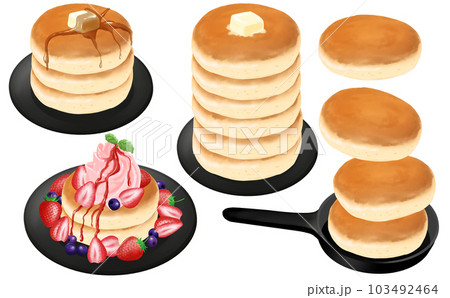 イラスト素材・パンケーキ4種セット スキレット・いちごパンケーキ 白背景 色違い・差分あり 103492464