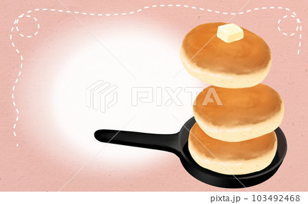 イラスト素材 スキレットとパンケーキ3枚  レトロピンクのフレーム背景 色違い・差分あり 103492468