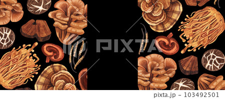 Watercolor medicinal mushroom frame, adaptogenic plant. Hand-drawn illustration isolated on black background. Perfect concept for healthy chinese medicine popular superfood, design packing 103492501