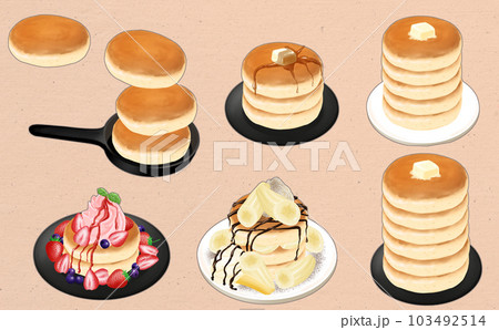 イラスト素材・パンケーキ色々6種セット シール・ワンポイント用 レトロオレンジ背景 色違い・差分有 イラスト素材・パンケーキ色々6種セット シール・ワンポイント用 レトロオレンジ背景 色違い・差分有 103492514