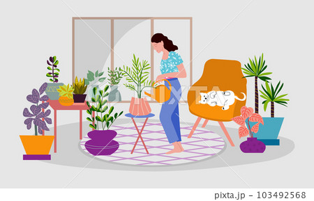 Young woman in comfortable clothes holding watering can and watering home plants in the room, cat is in the chair. Young woman in comfortable clothes holding watering can and watering home plants in the room, cat is in the chair. 103492568