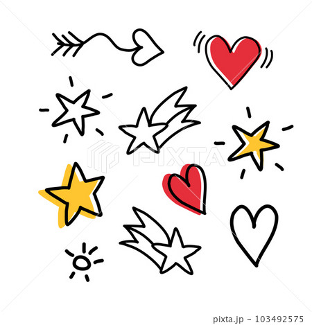 Vector set of stars and hearts. Hand drawn, doodle elements isolated on white background Vector set of stars and hearts. Hand drawn, doodle elements isolated on white background 103492575