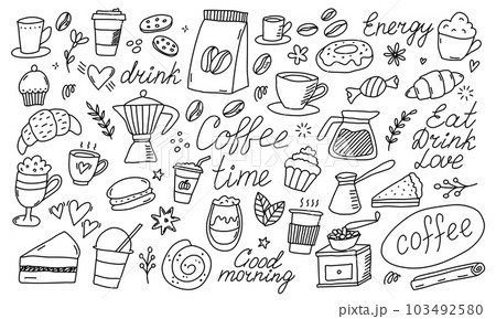 Doodle coffee shop icons. Outline hand drawn 103492580