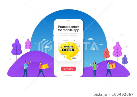 Special offer 3d bubble banner. Phone ui interface banner. Realistic yellow chat message. Offer tag icon. Mobile smartphone promo banner. Special offer tag. Man with gift box. Vector Special offer 3d bubble banner. Phone ui interface banner. Realistic yellow chat message. Offer tag icon. Mobile smartphone promo banner. Special offer tag. Man with gift box. Vector 103492667