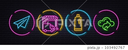 Delivery truck, Paper plane and Shampoo minimal line icons. Neon laser 3d lights. Cloud share icons. For web, application, printing. Store transport, Airplane, Bath cleanser. Data sharing. Vector 103492767
