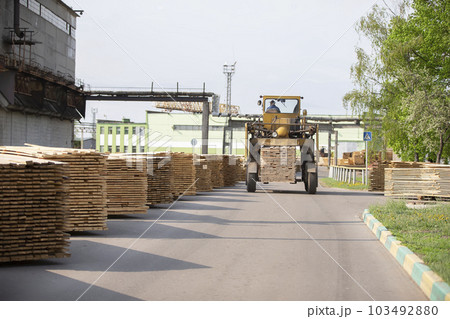 Wood processing industry. Loader with logs. Industrial wood processing Wood processing industry. Loader with logs. Industrial wood processing 103492880