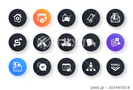 Minimal set of Text message, Card and Luggage trolley flat icons for web development. Delivery, Work home, Binary code icons. Management, Smartphone broken, Journey web elements. Wallet. Vector Minimal set of Text message, Card and Luggage trolley flat icons for web development. Delivery, Work home, Binary code icons. Management, Smartphone broken, Journey web elements. Wallet. Vector 103493019