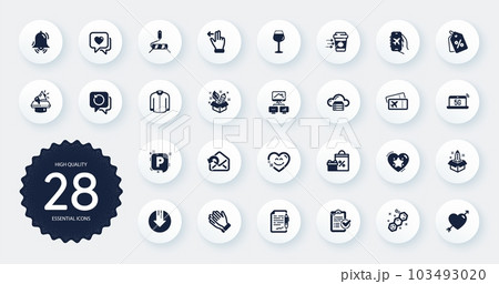 Set of Business icons, such as Chemical formula, Recovery data and Startup flat icons. Work home, Megaphone, Parking web elements. Clapping hands, Clock bell, Agreement document signs. Vector 103493020