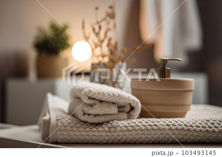 Luxurious bathroom setup with organic towels and decorative candles on a wooden table, offering indulgent self-care. AI Generative 103493145