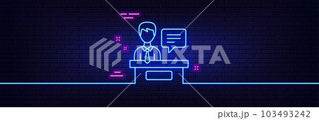 Neon light glow effect. Exhibitors line icon. Information desk sign. 3d line neon glow icon. Brick wall banner. Exhibitors outline. Vector 103493242