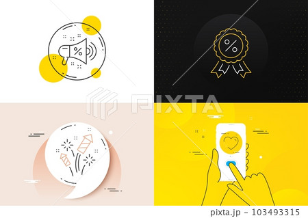 Minimal set of Fireworks rocket, Heart and Discount medal line icons. Phone screen, Quote banners. Sale megaphone icons. For web development. Pyrotechnic salute, Love, Sale award. Shopping. Vector Minimal set of Fireworks rocket, Heart and Discount medal line icons. Phone screen, Quote banners. Sale megaphone icons. For web development. Pyrotechnic salute, Love, Sale award. Shopping. Vector 103493315