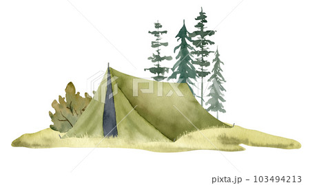 Camping Landscape with Tent and Forest fir trees. Hand drawn watercolor illustration on white isolated background with Hiking Camp for tourism banner. Drawing for adventure expedition in a woodland. Camping Landscape with Tent and Forest fir trees. Hand drawn watercolor illustration on white isolated background with Hiking Camp for tourism banner. Drawing for adventure expedition in a woodland. 103494213