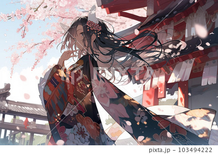 Generative ai. Geisha in blooming sakura garden anime illustration. 103494222