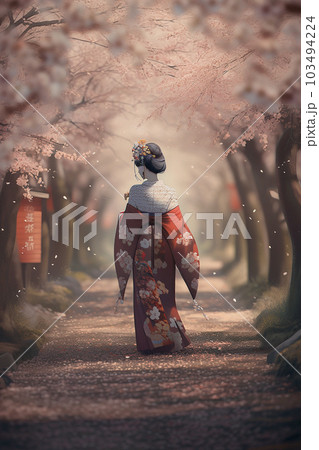 Generative ai. Geisha in blooming sakura garden anime illustration. 103494224