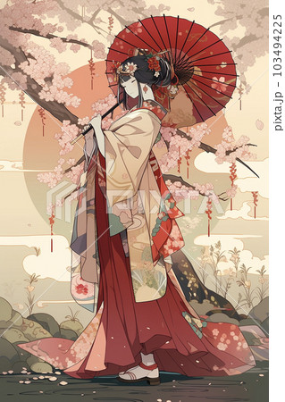 Generative ai. Geisha in blooming sakura garden anime illustration. 103494225
