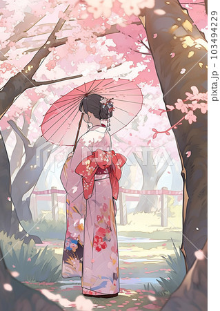 Generative ai. Geisha in blooming sakura garden anime illustration. 103494229