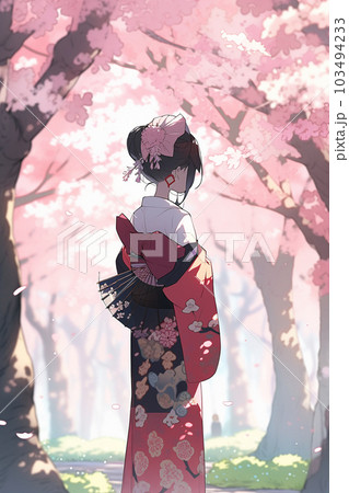 Generative ai. Geisha in blooming sakura garden anime illustration. 103494233