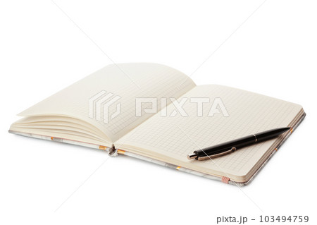 Stylish open notebook and pen isolated on white Stylish open notebook and pen isolated on white 103494759