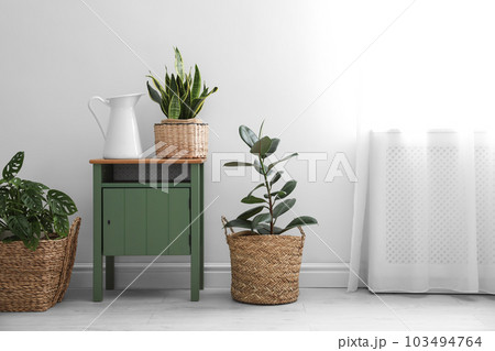 Different tropical plants in wicker pots near white wall at home 103494764