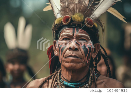 Portrait of indigenous tribe man. Native american people. Generative AI Portrait of indigenous tribe man. Native american people. Generative AI 103494932