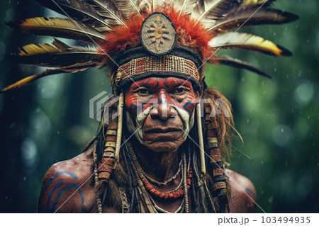 Portrait of indigenous tribe man. Native american people. Generative AI Portrait of indigenous tribe man. Native american people. Generative AI 103494935