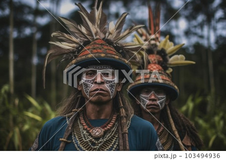Portrait of indigenous tribe man. Native american people. Generative AI Portrait of indigenous tribe man. Native american people. Generative AI 103494936