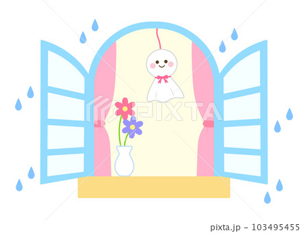 てるてる坊主と窓　雨　 103495455