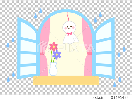 てるてる坊主と窓　雨　 103495455