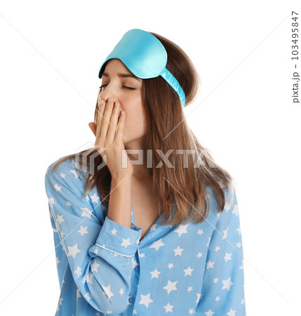 Beautiful woman wearing pajamas and sleep mask on white background. Bedtime Beautiful woman wearing pajamas and sleep mask on white background. Bedtime 103495847