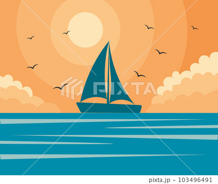 Seascape. Nautical illustration, a sailboat and seagulls on a sunset background. Wall art, illustration, vector Seascape. Nautical illustration, a sailboat and seagulls on a sunset background. Wall art, illustration, vector 103496491