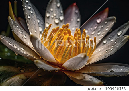 A waterlily or lotus flower with drops on its petals float in the pond. Generative AI 103496588