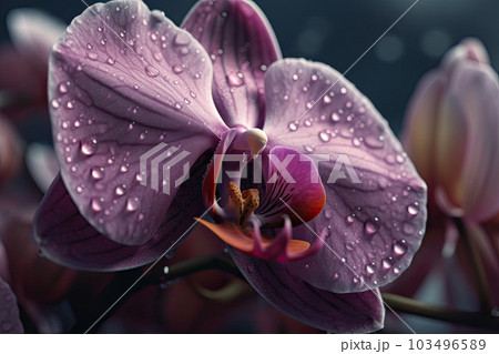 An orchid in full bloom with water drops on petals. A striking macro shot of a orchid. Generative AI 103496589