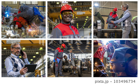 Train Factory Photo Collage - Two Multiracial Coworkers Talking in a Train Factory 103496734