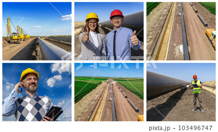 European Natural Gas Pipeline Construction Site - Construction Foreman Checking Progress At Pipeline Construction Site 103496747