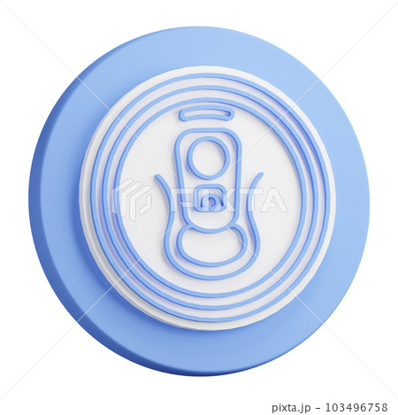 3D button rendering of aluminum soda can top view. Metal beer can with key to open from high angle. Realistic blue white PNG illustration isolated on transparent background 103496758