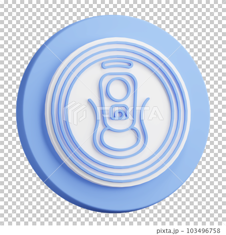 3D button rendering of aluminum soda can top view. Metal beer can with key to open from high angle. Realistic blue white PNG illustration isolated on transparent background 103496758