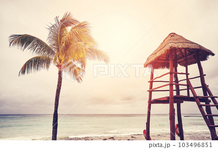 Retro color toned photo of a tropical beach as sunset, summer vacation concept. Retro color toned photo of a tropical beach as sunset, summer vacation concept. 103496851