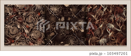 Seamless brown camouflage patterns with smudged paint brush strokes, splatter, roses, chamomiles, spiderweb. Dense random chaotic composition. Good for apparel, fabric, textile, sport goods. 103497201
