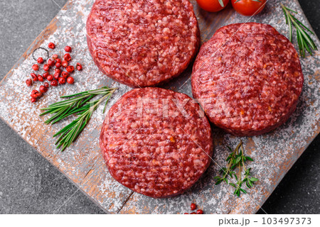 Fresh raw ground beef burger patty with salt and spices Fresh raw ground beef burger patty with salt and spices 103497373
