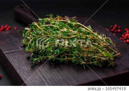 Empty wooden cutting board with thyme, spices, salt and herbs 103497419