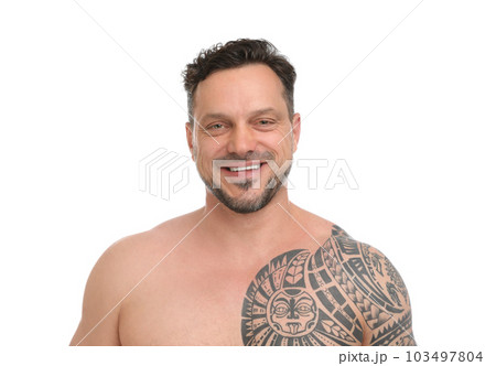 Portrait of shirtless man on white background 103497804