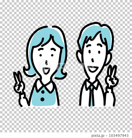 笑顔でピースする男女2人 103497943