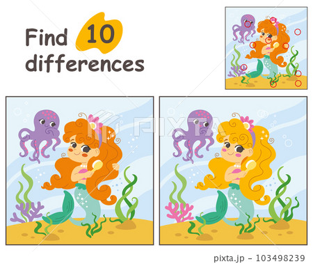 Find 10 differences with mermaid and octopus vector illustration 103498239