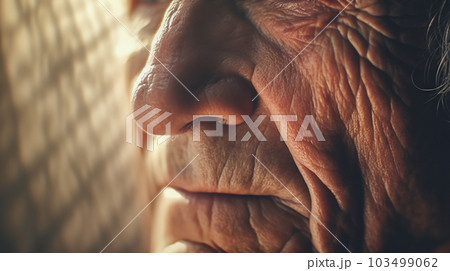 Close-up of elderly man nose. Old face with wrinkles macro. Male skin old texture wilted. Generative AI 103499062