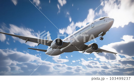 Commercial airplane flies high in blue sky above white clouds. Adventure and travel concept. Generative AI 103499237